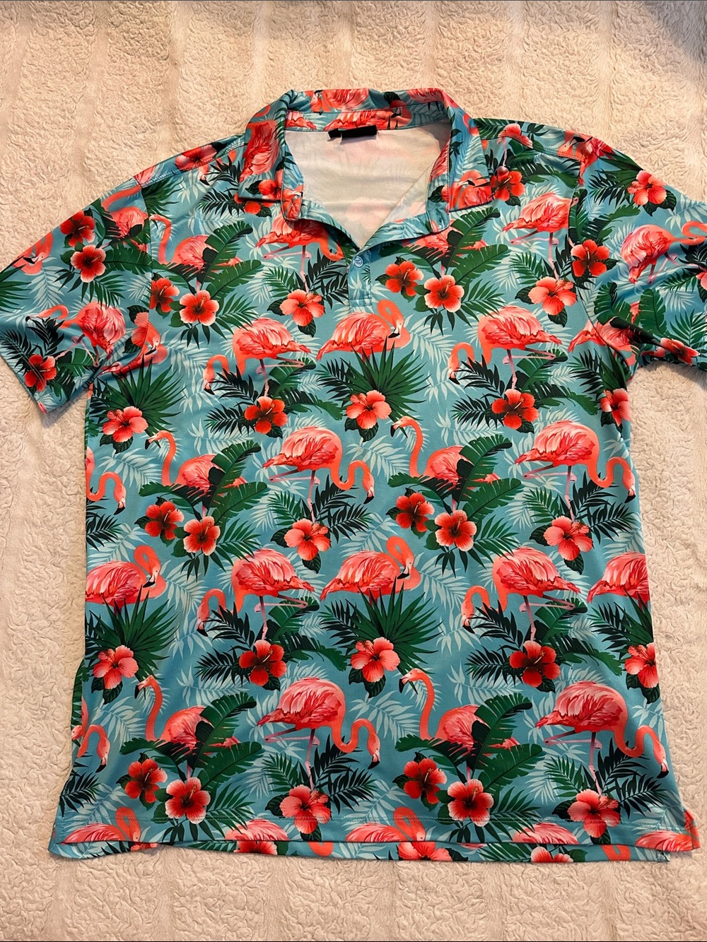 Men's Tropical Flamingo Print Polo Golf Shirt - Blue & Coral